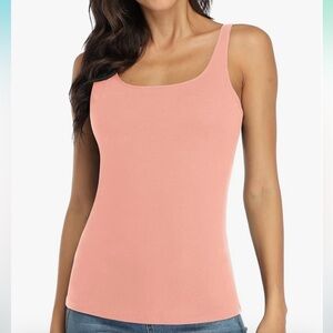 SOLD —- Wide Strap Tank Top, Shelf Bra, Adjust. Straps, Blushy-Coral, VGUC, M